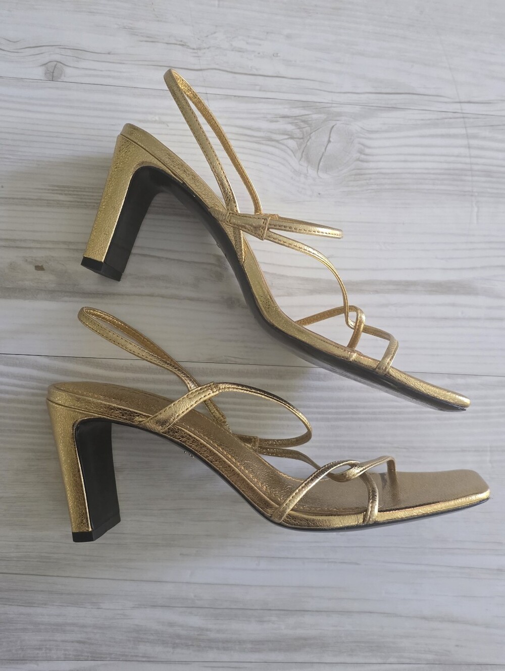 SANDRO Metallic Gold Strappy Mid Block Heels 3" Heel, Like New!